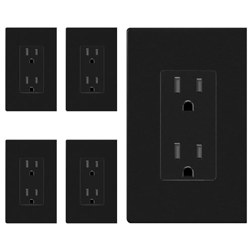 Image of ENERLITES 5 Pack Matter Black Decorator Receptacle with Screwless Wall Plate, Standard Electrical Wall Outlet, 15A 125V, Self-Grounding, 2-Pole, 3-Wire, 5-15R, UL Listed, Tamper Resistant