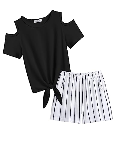 Image of Arshiner Girls Short Sets 2 Pieces Outfits Short Sleeve Tie Knot T-Shirts and Casual Shorts With Pockets Cute Clothes Sets