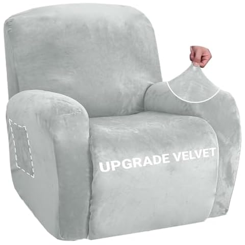 ZNSAYOTX Stretch Velvet Recliner Covers 4-Pieces, Thicker Soft Plush Recliner Chair Slipcover with Side Pockets, Washable Luxury Dog Cat Pets Proof Reclining Protector (Recliner, Silver Grey) Cover