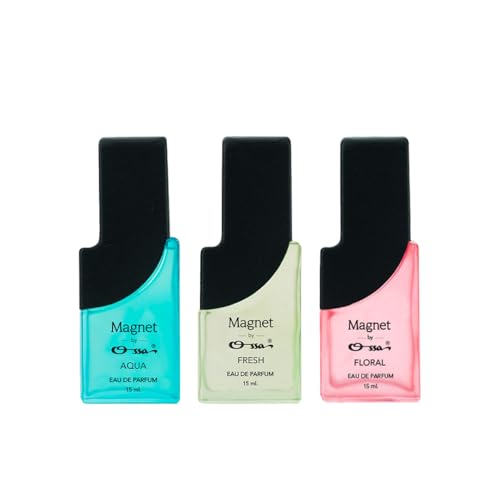 Image of Ossa Magnet Aqua, Fresh & Floral Eau De Parfum Combo for Men & Women | Long Lasting Perfume Set | Aqua, Fresh & Floral Fragrance | Daily Wear Travel Size Perfume | Unisex EDP Gift Set | 3 x 15ML