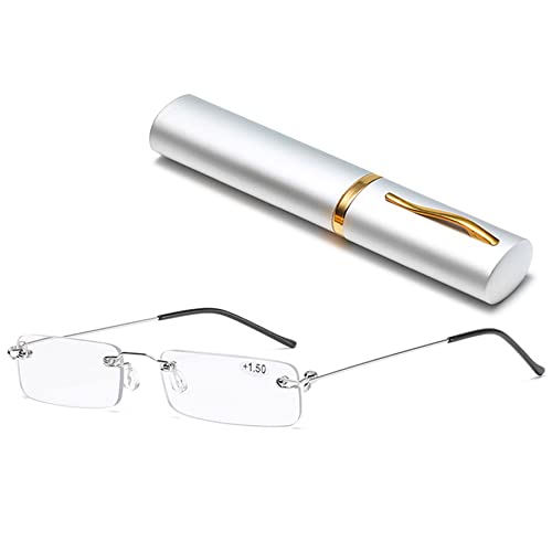 Lanomi Rimless Reading Glasses for Men Women Blue Light Blocking Readers Lightweight Slim Rectangle Anti Blue Eyewear with Metal Case Silver 1.5
