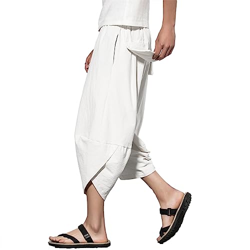 INVACHI Men's Linen Harem Capri Pants Lightweight Elastic Waist Casual Baggy Pants Beach Yoga Trousers, J-white, X-Small