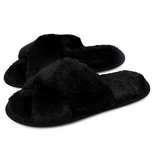 riemot Slippers Women Fluffy Slipper Memory Foam Cross Band Furry Open Toe Ladies Sliders Soft Fur Warm Slip Plush Home Anti-Slide House Shoes for Girls Indoor Outdoor - Image 4