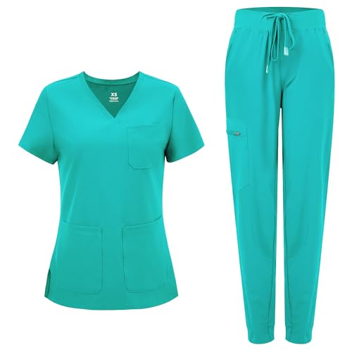 COZYFIT Medical Scrubs for Women Set - Curved V-Neck Scrub Top & Jogger Pants with 8 Pockets - Teal 3XL