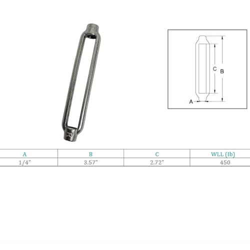 Cuerpo de tensor de acero inoxidable grado marino 1/4" x 2.72 pulg, capacidad 450 lbs, 4 piezas miniatura 5