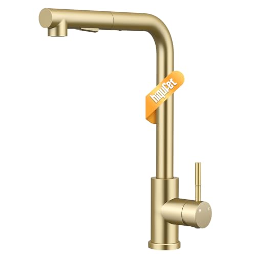 Hiqufet Robinet Cuisine, Bec Haut en Acier Inoxydable avec Rotation à 360°, Deux Modes et Installation DIY Facile, Or Brossé