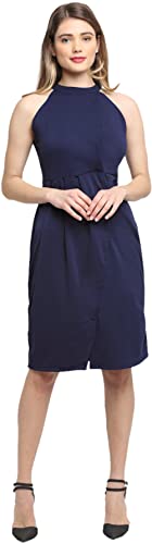 Image of Shasmi Women's Comfortable Red Halter Neck Sleeveless Solid Midi Bodycon Casual Western Stylish Dress