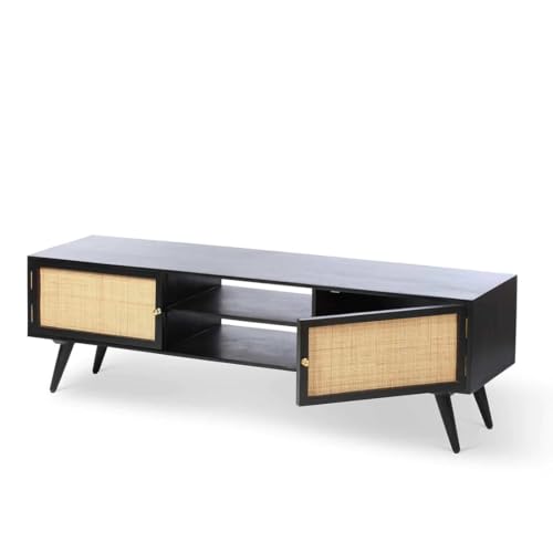 Image of THE WOODEN CITY Rattan Solid Wood Tv Unit | Cabinet for LED LCD | Spiral Carving Cane TV Stand for Living Room and Bedroom | Pure Mango Wood, Natural Matt Finish | Size - 160 x 40 x 50cm