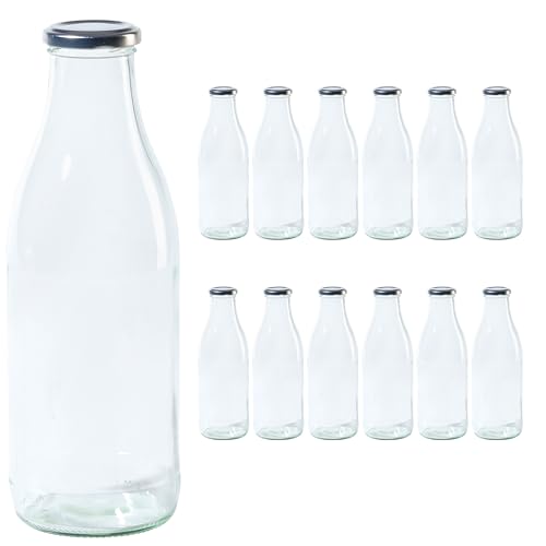 Vitrea 12 leere Glasflaschen 1 Liter Schraubverschluss Silber - Milchflaschen Saftflaschen große Flaschen zum Befüllen mit Deckel - für Milch Saft Smoothies Öl - 12 Stück TO48 Milch