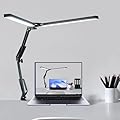 SZQSHWL Led Desk Lamp with Clamp,Foldable Double Swing Arm Reading Desk Lamps for Home Office,Eye-Caring Modes Stepless Dimming and Tempering LED Table Light
