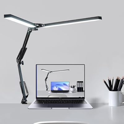 SZQSHWL Led Desk Lamp with Clamp,Foldable Double Swing Arm Reading Desk Lamps for Home Office,Eye-Caring Modes Stepless Dimming and Tempering LED Table Light