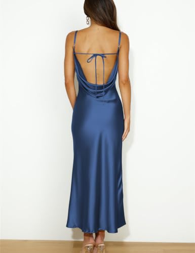 Image of Summer Satin Spaghetti Strap Cowl Neck Backless Midi Dresses for Women Elegant Tie Low Back Ruched Cocktail Dress
