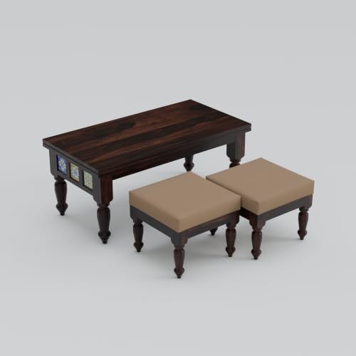 Image of Solid Sheesham Wood Center Coffee Table with 2 Cushioned Stools | Wooden Coffee Table | Space Saving Nesting Design for Living Room, Drawing Room, Hall, Bedroom, Office | Walnut Finish