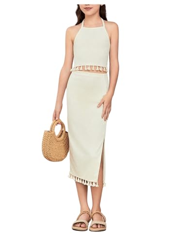 Image of SHENHE Girl's 2 Piece Summer Clothes Tassel Halter Crop Top and Slit Midi Skirt Set Vacation Outfits