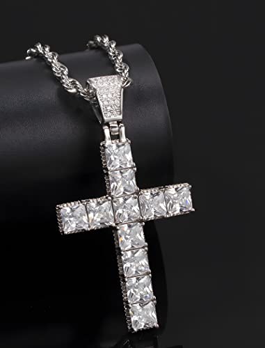 Deerllia Cross Necklace For Men, Cubic Zirconia Crucifix Pendant, Square Inlay Silver Gold Plated Copper Jesus Christ Women Fine Jewelry Gifts Box, 24 Inches Stainless Steel Rope Chain #TOP2