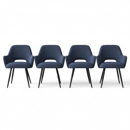 Image of Finch Fox Motel Luxurious Home Collection Upholstery Fabric Arm Dining Room Chairs in Dark Blue Color with Black Metal Powder Coated Legs (Set of 4)