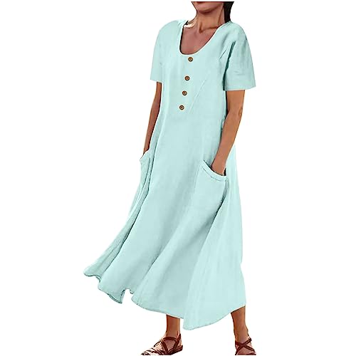 Mrat Summer Cotton Linen Maxi Dress Round Neck Short Sleeve Casual Long Dress with Pockets Crewneck Loose Sun Dresses Elegant Dance Gown Tunic Dresses Cover Ups Solid Baggy Flowy Pleated Beach