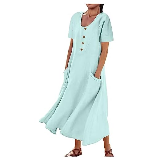 Robe Femme Ete Mi Longue Coton Lin Robe de Travail Chic et Elegant Décontractée Robes d Ete Femme Coton et Lin Manche Courte Jupe Vêtements Femmes Cotton en Line Max Robes Chemise de Soleil Pas Cher