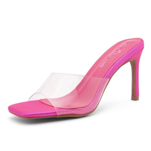 Image of Shoe Land Melrose Women's High Heels Stiletto Heeled Slides, Square Open Toe One Band Slip-On Heeled Mules - Dressy Clear Heeled Sandals for Prom Party Wedding and Vacation