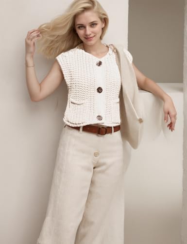 Image of Women's Sleeveless Chunky Knit Cardigan V-Neck Button Down Vest Casual Loose-Fitted Crochet Sweater with Pockets 2024