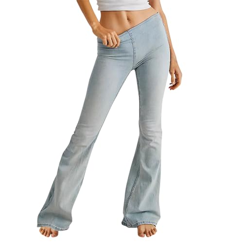 Women's Pull on Flare Jeans Ladies Elastic Skinny Flared Bootcut Denim Pant Jeggings Mid Waisted Bell Bottom Pants