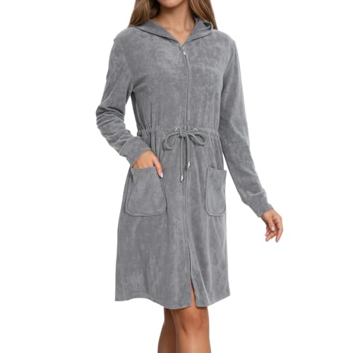 Zinnora Leichter Kurz Bademantel Damen Hausmantel Weiches Frottee Mit Kapuze Und Zipper L Steingrau Ideal für Sauna und Zuhause