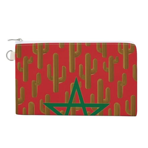 Morocco Flag Cactus Fashion Coin Purse Change Makeup Bag Canvas Pouch 7.4 × 4.6 Inches
