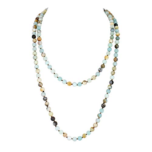 POMINA 8mm Semi Precious Stone Beaded Long Necklaces Hand Knotted Natural Gemstone Beads Strand Long Necklace for Women, 60 inches (Amazonite)