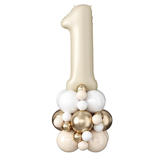 Image of 40 Inch Cream Number 1 Balloon for 1st Birthday Decorations Beige White Sand Number One Foil Balloon Tower Giant Large Nude Neutral Digit Helium Balloons Stack for Girls First Anniversary Party