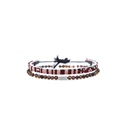 2er Set Surfer-Armband Herren & Damen • 100% Wasserfest & Handmade • Perlen-Armband Boho Stoff-Armband • Hippie Sommer Strand-Schmuck • Freundschaftsarmbänder für Ihn & Sie (Wein-Rot & Tigerauge)