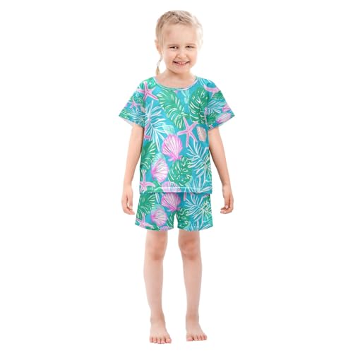 Tropical Leaf and Shell Kids Pjs Set Boys Girls Summer Short-Sleeve Sleepwear Pajamas 2PCS3