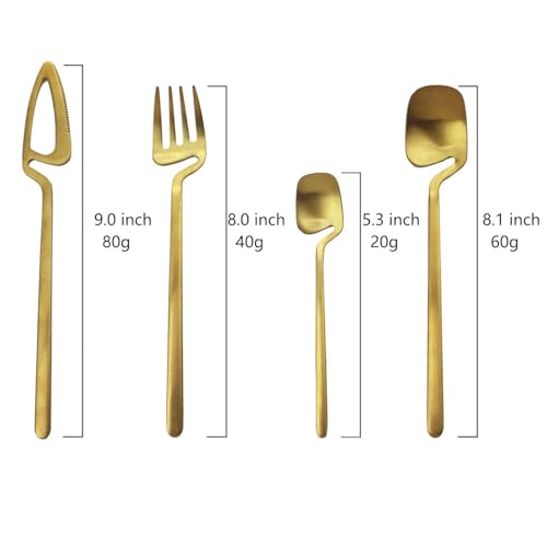 Image of Modern Stainless Steel Flatware Set - 4-Piece Unique Bent Handle Cutlery Set - Fork, Knife, Spoon & Teaspoon - Elegant Kitchen & Dining Silverware Set for Home & Restaurant (Gold)