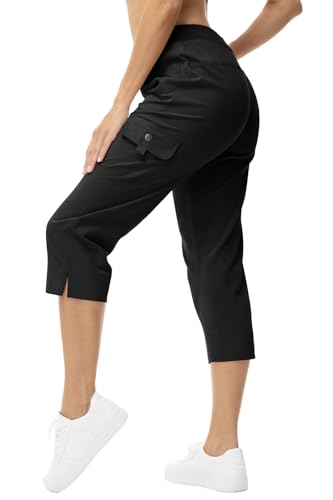 Rdruko Caprihose Damen Cargohose 3/4 Hose Sommerhose Leicht Wanderhose Schnelltrocken Jogginghose Freizeithose mit Taschen für Reisen Wandern Outdoor Sport - Schwarz, M