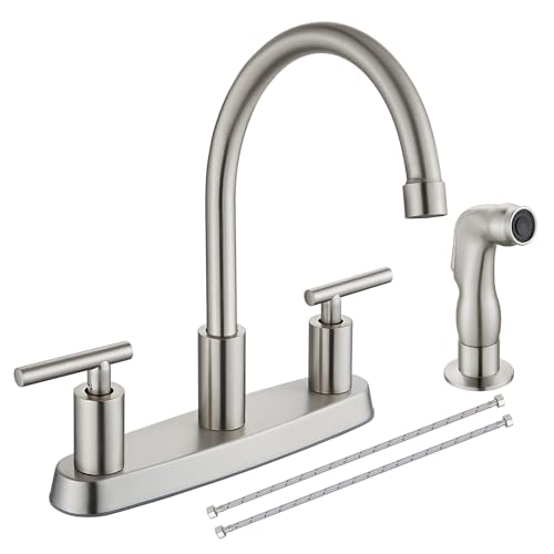 Cinwiny Kitchen Faucets, High Arc 360°Rotating Spout Kitchen Sink Faucet, 2 Handle 8 Inch Centerset RV Kitchen Faucet with Supply Lines, 3 or 4 Hole Kitchen Faucet with Side Sprayer, Brushed Nickel