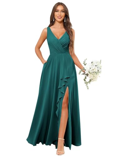 Image of HANVAIOS Long Chiffon V Neck Bridesmaid Dresses for Women Formal Dress with Pocket