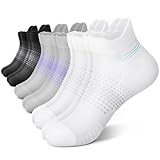 PAPLUS 6 Pairs Ankle Compression Running Socks for Women, Cushioned Low Cut Athletic Socks with Tab, Black+White+Grey, Large/X-Large