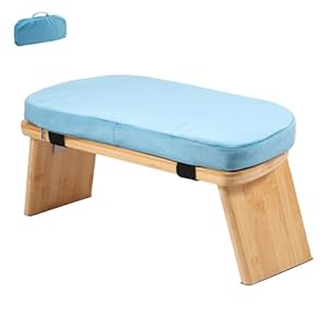 Meditation Bench Foldable Meditation Stool Bamboo Yoga Bench with Cushion & Storing Bag Prayer Bench for Meditations Yoga Prayer (Blue)