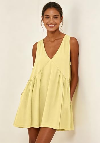 Image of Sleeveless Mini Dress for Women 2026 Summer Casual V Neck Sundress Loose Babydoll Dress with Pockets