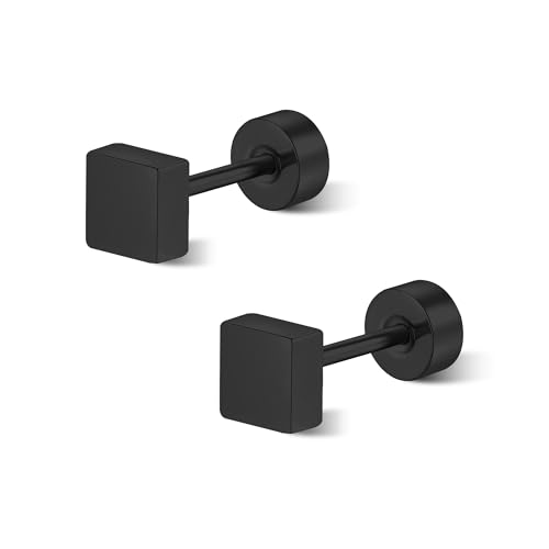 Rocemuti Titanium Stud Earrings for Men and Women, Minimalist Square Earrings Hypoallergenic, Lightweight Flat Square Ear Studs for Everyday Wear (Black)