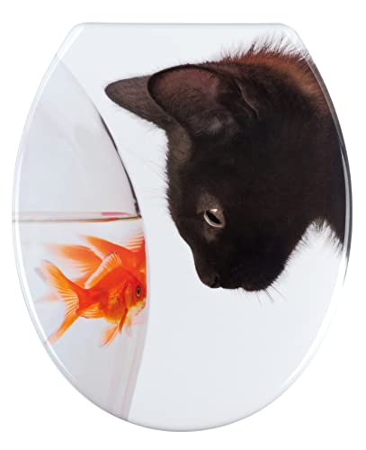 WENKO Abattant WC Poisson & Chat - antibactérien, fixation en acier inox, Duroplast, 37.5 x 45 cm, Multicolore
