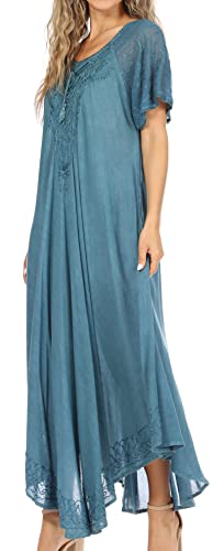 Image of Sakkas Egan Long Embroidered Caftan Dress /Cover Up with Embroidered Cap Sleeves