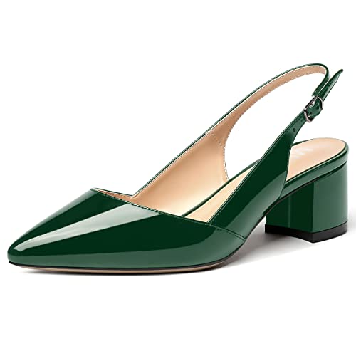 MERRORI Women's Solid Block Pointed Toe Slingback Buckle Patent Chunky Low Heel Pumps Shoes 2 Inch