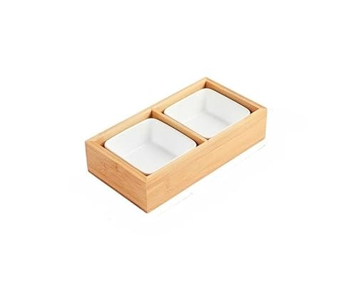 お皿 小皿セット和風 小皿 竹トレイ 陶器 前菜皿 盛り鉢 深型 仕切り付き 天然木 醤油皿 前菜皿 盛り鉢 和食器 セラミック アイスクリーム ソース皿 火鍋 焼肉屋 寿司屋 食洗機 (二段竹入れ+白い皿二つ,イエロー)