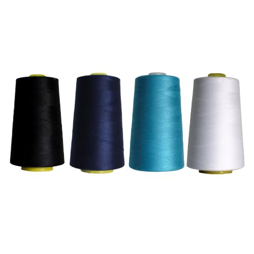 Rhapsew Overlocking Thread Cones – 4 x 5000m | Assorted Sets | Polyester Overlocker Thread for Serger & Sewing Machines | Tailoring, Dressmaking & Repairs (Black,White,Blues)