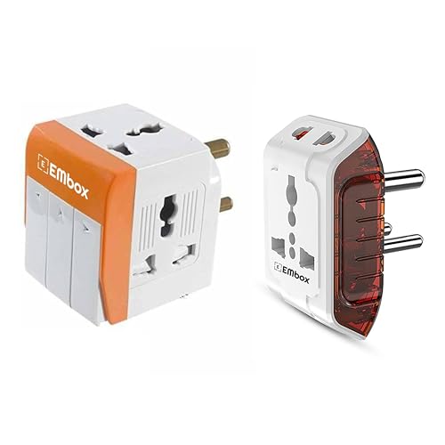 Image of EMBOX 3 Pin Multi Plug Socket and 2-Pin&3-Pin Plug with Individual Switch Safety Shutter LED Indicator-Multi Plug Adapter Combo for Home Office Travel-5A-250V (Pack of 2)