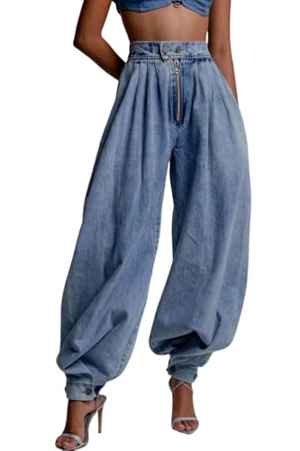 yoeasy Womens Zipper Jeans High Waisted Loose Harem Trousers Baggy Wide Leg Vintage Balloon Casual Denim Pants
