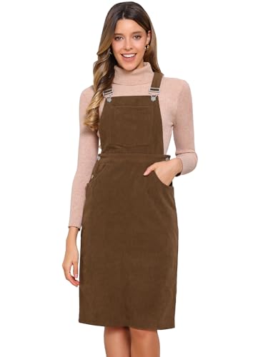 Allegra K Cord-Overall für Damen, verstellbare Träger, ärmellos, quadratischer Ausschnitt, lässiges Midi-Kleid mit Taschen, braun, XL