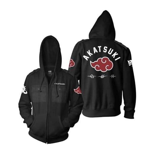 Ripple Junction Men’s Naruto Shippuden Adult Akatsuki With Hidden Leaf Village Symbol Cosplay Military-Style Hoodie Black Large