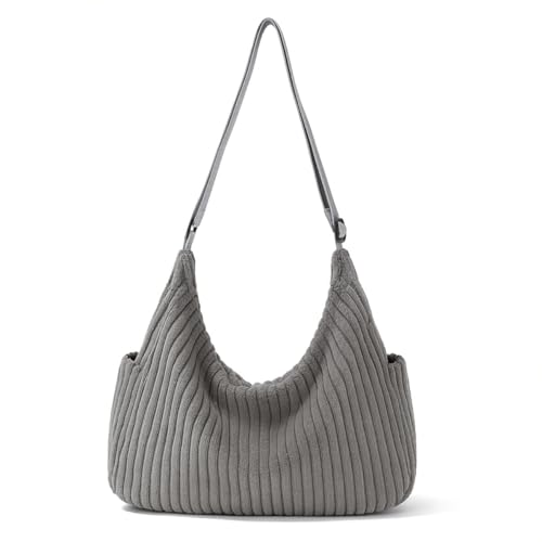 Bolsa de Ombro Feminina em Veludo Cotelê Macio - Estilo Hobo Bag, Textura Ondulada e Alça Ajustável - Ideal para Outono/Inverno, Compras e Uso Casual (Cinza)