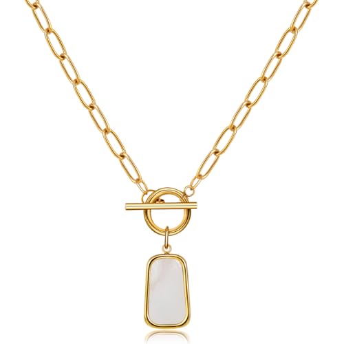Natural White Sea Shell OT Buckle Long Plate Pendant Necklace For Women Trendy Elegant in Color and Luster Titanium Steel Electroplated with 18K Gold Necklace